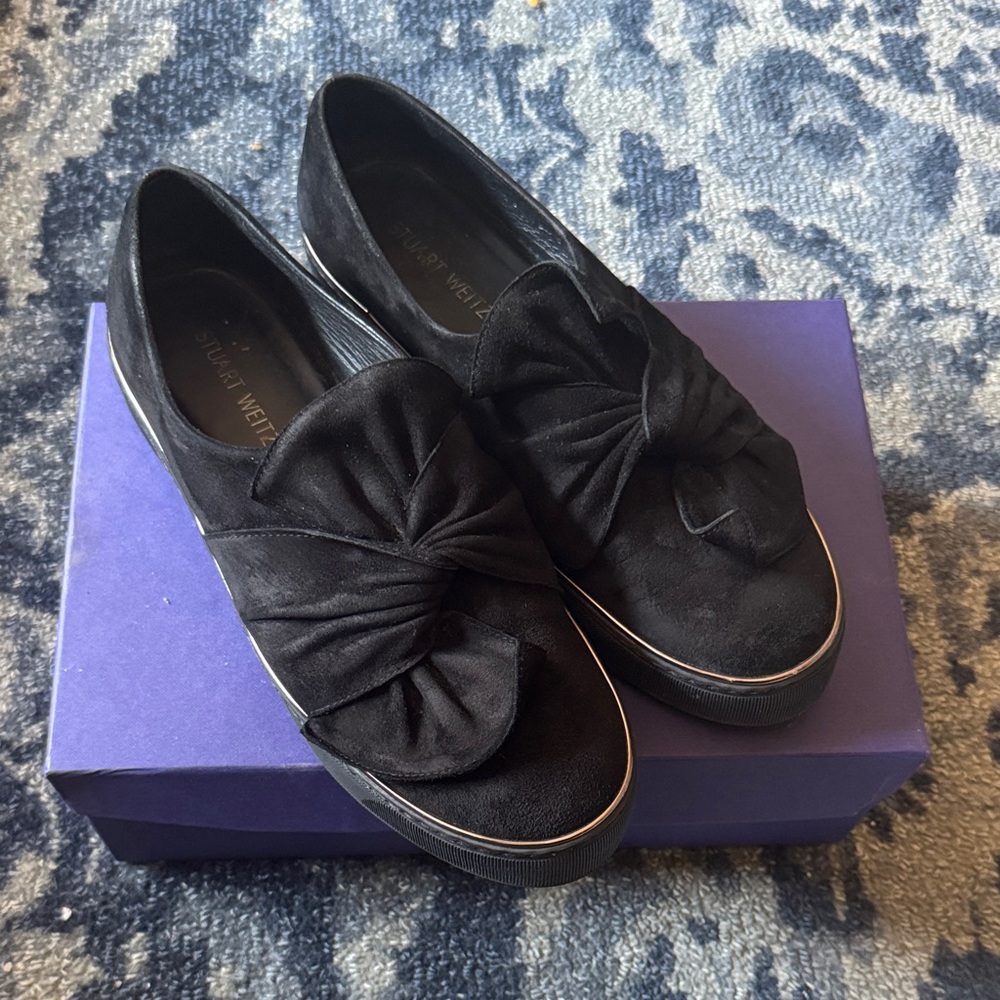 Stuart Weitzman Black Suede Bow Loafers 9.5